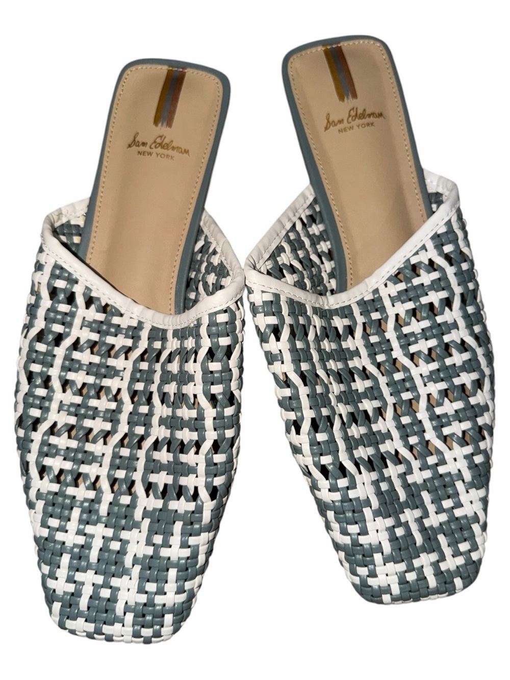 Sam Edelman White and Gray Woven Slip-On Mules